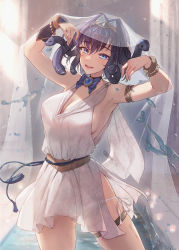 Rule 34 | 1girl, absurdres, bare shoulders, blue eyes, breasts, cleavage, dress, eliskalti, highres, hololive, hololive english, jewelry, large breasts, living hair, looking at viewer, monster girl, motion blur, open mouth, ouro kronii, purple hair, sideboob, smile, snake, snake hair, solo, standing, thigh strap, toga, veil, virtual youtuber, water, white dress