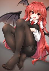 Rule 34 | 1girl, :d, black pantyhose, black skirt, black vest, blush, breasts, brown background, commentary request, demon wings, gradient background, grey background, hair between eyes, hair intakes, head wings, highres, juliet sleeves, knees up, koakuma, large breasts, long hair, long sleeves, looking at viewer, marukyuu ameya, miniskirt, no shoes, open mouth, pantyhose, pencil skirt, puffy sleeves, red eyes, red hair, shadow, shirt, sitting, skirt, smile, solo, thighs, touhou, very long hair, vest, white shirt, wings