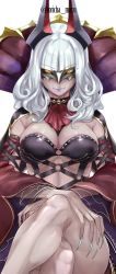 Rule 34 | 1girl, ascot, bare shoulders, blunt bangs, breasts, carmilla (fate), cleavage, crossed legs, curly hair, detached collar, detached sleeves, fate/grand order, fate (series), fingernails, large breasts, long fingernails, long hair, looking at viewer, mask, popped collar, sharp fingernails, slit pupils, smile, solo, thighs, torichamaru, wide sleeves, yellow eyes