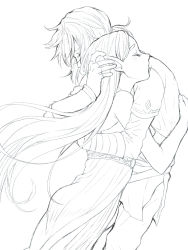 1boy, 1girl, bangs, belt, blush, closed mouth, commentary, couple, dress, eyes closed, fingerless gloves, from side, gloves, greyscale, hair between eyes, hand on another&#039;s head, hetero, hug, izumi (2476264), lineart, link, long dress, long hair, long sleeves, monochrome, nintendo, pants, pointy ears, princess zelda, shirt, short ponytail, simple background, sleeveless, sleeveless dress, the legend of zelda, the legend of zelda: breath of the wild, thick eyebrows, white background
