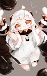 Rule 34 | 10s, 1girl, abyssal ship, ahoge, bad id, bad pixiv id, from above, horns, kantai collection, long hair, looking back, machinery, mittens, monster, northern ocean princess, pale skin, rancherranta, red eyes, short eyebrows, solo, turret, white hair, white mittens