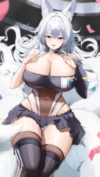 Rule 34 | 1girl, absurdres, animal ear fluff, animal ears, azur lane, bare shoulders, black choker, black footwear, black gloves, black skirt, blue eyes, blunt bangs, boots, breasts, brown thighhighs, choker, cleavage, collarbone, commentary request, confetti, covered navel, cowboy shot, elbow gloves, fox ears, fox girl, fox tail, gloves, hair between eyes, highleg, highres, large breasts, large tail, leotard, long hair, looking at viewer, lying, multiple tails, official alternate costume, on back, open mouth, partially fingerless gloves, pleated skirt, race queen, samart, see-through, shadow, shinano (azur lane), shinano (moonlit chrome) (azur lane), sidelocks, single elbow glove, skindentation, skirt, smile, solo, tail, thigh boots, thighhighs, thighhighs under boots, very long hair, white hair, white tail