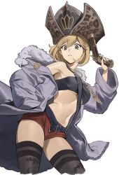 Rule 34 | 1girl, antique firearm, bandeau, bare shoulders, belt, black thighhighs, blonde hair, breasts, brown eyes, brown hat, coat, cropped legs, djeeta (granblue fantasy), firearm, firelock, flintlock, fur-trimmed coat, fur trim, granblue fantasy, gun, hand in pocket, hand up, handgun, hashibiro kou (garapiko p), hat, highres, holding, holding gun, holding weapon, jewelry, long sleeves, looking at viewer, micro shorts, midriff, navel, necklace, open clothes, open coat, purple coat, red shorts, short hair, shorts, simple background, small breasts, solo, street king (granblue fantasy), thighhighs, weapon, white background