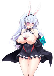 Rule 34 | 1girl, absurdres, animal ears, aqua bow, azur lane, bare shoulders, bikini, bikini bottom only, black jacket, blush, bow, breasts, cosplay, dido (azur lane), earrings, fake animal ears, gluteal fold, hairband, highres, jacket, jewelry, large breasts, light purple hair, long hair, looking at viewer, microskirt, off shoulder, pink eyes, purple skirt, rabbit ears, raranokusu, shimakaze (azur lane), shimakaze (azur lane) (cosplay), simple background, skirt, solo, swimsuit, white background