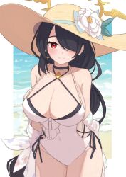 Rule 34 | 1girl, absurdres, arms behind back, bad id, bad pixiv id, bare shoulders, beach, black choker, black hair, blue archive, blush, braid, braided ponytail, breasts, choker, cleavage, closed mouth, clothing cutout, collarbone, commentary request, covered navel, cowboy shot, criss-cross halter, cross, cross earrings, day, earrings, flower, hair over one eye, halo, halterneck, hat, hat flower, highres, hinata (blue archive), hinata (swimsuit) (blue archive), itsufumi, jewelry, large breasts, long braid, long hair, ocean, official alternate costume, one-piece swimsuit, one eye covered, red eyes, side cutout, smile, solo, standing, sun hat, swimsuit, very long hair, white flower, white one-piece swimsuit, yellow halo, yellow hat