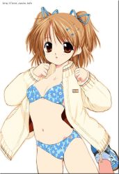 Rule 34 | 00s, 1girl, :o, bikini, blue bikini, blue ribbon, blush, breasts, brown eyes, brown hair, clenched hands, flag print, floral print, hair ornament, hair ribbon, hairclip, jacket, jpeg artifacts, kusaka souji, leg up, long sleeves, looking at viewer, navel, open clothes, open jacket, outline, print bikini, ribbon, shoes, short hair, simple background, sister princess, sleeves past wrists, small breasts, sneakers, socks, solo, sweater, swimsuit, twintails, two side up, union jack, unzipped, watermark, web address, white background, white socks, yotsuba (sister princess)