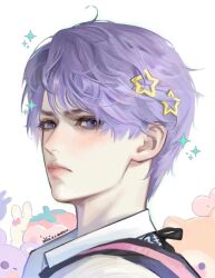 Rule 34 | 1boy, bishounen, closed mouth, collared shirt, eyelashes, from side, frown, hair ornament, highres, love and deepspace, male focus, nagi reooo, pout, purple eyes, purple hair, rafayel (love and deepspace), shirt, short hair, simple background, solo, sparkle, star (symbol), stuffed animal, stuffed koala, stuffed rabbit, stuffed toy, white background, white shirt
