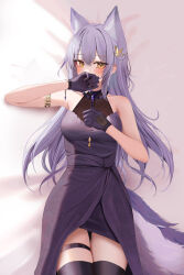 Rule 34 | 1girl, absurdres, animal ears, arknights, bare shoulders, blush, braid, chinese commentary, commentary request, covering own mouth, dress, gloves, hand over own mouth, highres, long hair, looking at viewer, lying, on back, provence (arknights), purple dress, purple gloves, purple hair, purple thighhighs, ru zhai, solo, tail, thigh strap, thighhighs, thighs, yellow eyes