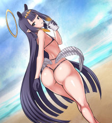 Rule 34 | 1girl, animal ears, ass, bare shoulders, beach, bikini, blonde hair, blue sky, blush, cowboy shot, cup, day, drinking straw, drinking straw in mouth, feathered wings, flat chest, from behind, gloves, highres, hololive, hololive english, holomyth, huge ass, jadf, long hair, looking back, low wings, micro bikini, multicolored hair, ninomae ina&#039;nis, ocean, outdoors, pointy ears, purple bikini, purple eyes, purple gloves, purple hair, shiny skin, sky, solo, standing, straw, swimsuit, tentacle hair, thighs, tiara, two-tone hair, very long hair, virtual youtuber, wings