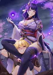 Rule 34 | 1boy, 1girl, aether (genshin impact), ahoge, armor, blonde hair, blush, braid, breasts, bridal gauntlets, cleavage, clenched hand, commentary, crop top, english commentary, femdom, flower, genshin impact, hair between eyes, hair ornament, head between thighs, highres, hiroki ree, japanese clothes, kimono, large breasts, leg lock, light particles, long hair, long sleeves, midriff, mole, mole under eye, obi, obiage, obijime, one eye closed, open mouth, parted lips, purple eyes, purple flower, purple hair, raiden shogun, ribbon, sash, scissorhold, short sleeves, shoulder armor, signature, tassel, thighhighs, thighs, wide sleeves, yellow eyes