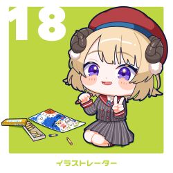 Rule 34 | 1girl, beret, blonde hair, blush stickers, buttons, check translation, chibi, chibi only, commentary request, cosplay, double-breasted, grey jacket, grey skirt, hair ornament, hat, highres, hiruno isu, hololive, horns, indie virtual youtuber, jacket, kneehighs, long sleeves, looking at viewer, miniskirt, pinstripe jacket, pinstripe pattern, pinstripe skirt, pleated skirt, pom pom (clothes), pom pom hair ornament, purple eyes, red beret, red hat, red sailor collar, red socks, sailor collar, school uniform, sheep horns, shigure ui (vtuber), shigure ui (vtuber) (1st costume), shigure ui (vtuber) (cosplay), short hair, skirt, socks, solo, striped clothes, striped jacket, striped skirt, translation request, tsunomaki watame, v, vertical-striped clothes, vertical-striped jacket, vertical-striped skirt, virtual youtuber