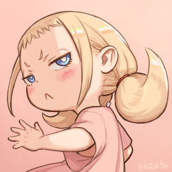 Rule 34 | 1girl, :&lt;, artist name, blonde hair, blue eyes, child, commentary request, kozato (yu kozato), looking at viewer, low twintails, original, pink background, pink shirt, shirt, short sleeves, short twintails, simple background, solo, twintails