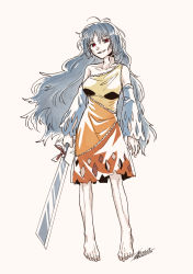 Rule 34 | 1girl, arms at sides, bare legs, bare shoulders, barefoot, breasts, brown ribbon, collarbone, detached sleeves, diamond (shape), dress, eyebrows, fingernails, gradient background, grey hair, hair between eyes, hatchet, highres, holding, holding weapon, large breasts, legs apart, long hair, long sleeves, looking at viewer, messy hair, multicolored clothes, multicolored dress, nata (tool), orange dress, red dress, red eyes, ribbon, sakata nemuno, shikido (khf), single strap, smile, solo, toenails, touhou, very long hair, weapon, wide sleeves, yellow dress