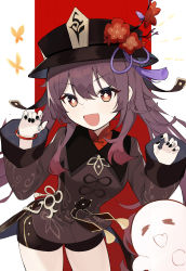 Rule 34 | 1girl, absurdres, black coat, black hat, black nails, black shorts, blush, breasts, brown hair, coat, coattails, flower, genshin impact, ghost, hat, hat flower, highres, hu tao (genshin impact), jewelry, long hair, long sleeves, looking at viewer, nail polish, open mouth, plum blossoms, red eyes, ring, shorts, small breasts, smile, solo, symbol-shaped pupils, thighs, torry912, twintails, very long hair