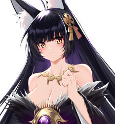 Rule 34 | 1girl, absurdres, animal ear fluff, animal ears, azur lane, bare shoulders, beads, black hair, black kimono, breasts, catnnn, cleavage, collarbone, facial mark, fox ears, fox girl, fur-trimmed kimono, fur trim, gem, hair ornament, highres, japanese clothes, jewelry, kimono, kitsune, kyuubi, large breasts, long hair, looking at viewer, magatama, magatama necklace, multiple tails, musashi (azur lane), necklace, prayer beads, purple gemstone, simple background, solo, tail, upper body, very long hair, whisker markings, white background, yellow eyes