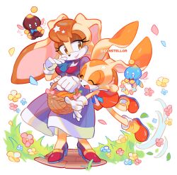 Rule 34 | 2girls, 2others, animal ears, animal nose, arms up, artist name, ascot, basket, blue ascot, blue bow, blue bowtie, blue flower, blue ribbon, blue skin, boots, bow, bowtie, breasts, brown eyes, brown fur, brown hair, buttons, carrot, cheese (sonic), closed mouth, collared dress, colored skin, commentary, constellor, cream the rabbit, dark skin, dress, eyelashes, flower, flying, food, furry, furry female, gloves, grass, hair between eyes, hands up, high heels, highres, holding, holding basket, hug, hug from behind, jumping, leg up, lips, lipstick, looking at another, makeup, medium breasts, mother and daughter, multicolored clothes, multiple girls, multiple others, neck ribbon, open mouth, orange dress, orange footwear, orange fur, petals, pink bow, pink flower, puffy short sleeves, puffy sleeves, purple dress, rabbit ears, rabbit girl, rabbit tail, red bow, red bowtie, red footwear, ribbon, road, shadow, shoes, short hair, short sleeves, simple background, smile, sonic (series), star (symbol), symbol-only commentary, tail, tongue, two-tone fur, vanilla the rabbit, white background, white gloves, wing collar, wings, yellow flower, yellow fur