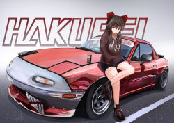 Rule 34 | 3books, alternate costume, bow, can, canned coffee, car, character name, cigarette, commentary, crossed legs, damaged, drink can, eunos roadster, hair bow, hakurei reimu, highres, hood, hoodie, leaning back, looking to the side, mazda, mazda mx-5, mazda mx-5 na, motor vehicle, red bow, red eyes, smoking, touhou, vehicle focus