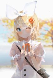 Rule 34 | 1girl, ;), autumn leaves, bag, blonde hair, blue eyes, blue nails, blurry, blurry background, bow, brown shirt, buttons, double v, earrings, flower, flower earrings, hair bow, hair flower, hair ornament, hairclip, handbag, highres, iftuoma, jewelry, kagamine rin, looking at viewer, nail polish, one eye closed, ribbon, sailor collar, school uniform, shirt, short hair, short sleeves, skirt, smile, solo, upper body, v, vocaloid, white bow, white skirt