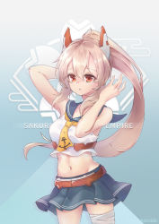 Rule 34 | 1girl, armpits, arms behind head, ayanami (azur lane), azur lane, bandage on knee, collarbone, commentary request, hands on own head, headgear, highres, kecolab, long hair, looking at viewer, midriff, navel, orange eyes, parted lips, pleated skirt, ponytail, school uniform, serafuku, silver hair, simple background, skirt, solo