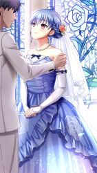 Rule 34 | 1boy, 1girl, anklet, black hair, blue dress, blue hair, blush, braid, bridal veil, closed mouth, collarbone, couple, doukyuusei another world, dress, elbow gloves, faceless, faceless male, flower, game cg, gloves, hair between eyes, hair flower, hair ornament, hetero, indoors, jewelry, kakyuusei 2, layered dress, long dress, looking at another, looking up, official art, red eyes, red flower, short hair, smile, solo focus, stained glass, standing, strapless, strapless dress, takatoo nanase, veil, wedding, wedding dress, white gloves