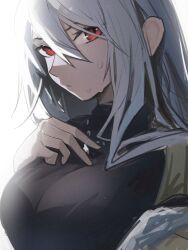 Rule 34 | 1girl, arknights, black shirt, breasts, closed mouth, distr, expressionless, grey hair, hair between eyes, highres, large breasts, long hair, looking at viewer, no headwear, red eyes, shirt, simple background, skadi (arknights), sketch, solo, turtleneck, upper body, wet, wet face, white background