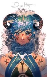 Rule 34 | 1girl, 2015, bare shoulders, blue eyes, blue hair, bodypaint, breasts, chinese zodiac, closed mouth, commentary, curled horns, eyelashes, eyeshadow, facepaint, facial mark, fur trim, halterneck, highres, horns, lips, looking at viewer, makeup, medium breasts, nangnak, original, pelt, sheep horns, short hair, simple background, solo, straight-on, upper body, white background, year of the goat