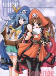Rule 34 | 2girls, :d, arc system works, blue hair, blue sailor collar, bow, brown eyes, brown hair, dizzy (guilty gear), epaulettes, guilty gear, hat, long hair, looking at viewer, map, may (guilty gear), multiple girls, open mouth, orange hat, orange shirt, pantyhose, pirate, pirate hat, pointing, pointing at viewer, sailor collar, shinano yura, shirt, shorts, smile, sunglasses, very long hair, white shirt