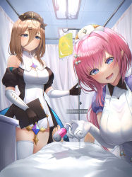 Rule 34 | absurdres, aponia (honkai impact), bed, black dress, black footwear, black gloves, black headwear, black sleeves, blue eyes, breasts, brown hair, ceiling, ceiling light, cleavage, cleavage cutout, clothing cutout, commentary request, curtains, detached sleeves, dress, elysia (honkai impact), flower, gloves, gr greeze, hair between eyes, hair flower, hair ornament, hairclip, hat, highres, holding, holding syringe, honkai (series), honkai impact 3rd, indoors, intravenous drip, large breasts, medium breasts, nurse cap, pink hair, pointy ears, pov, puffy short sleeves, puffy sleeves, short sleeves, sleeveless, sleeveless dress, syringe, tile ceiling, tiles, white headwear
