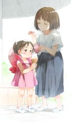 Rule 34 | 2girls, black skirt, blush, center frills, closed mouth, collarbone, commentary request, dress, closed eyes, food, food on face, frills, gomennasai, handkerchief, hat on back, high heels, highres, holding, holding food, ice cream, mother and daughter, motherly, multiple girls, original, pink dress, pink headwear, red eyes, revision, shirt, shoes, short sleeves, skirt, sleeveless, sleeveless dress, smile, soft serve, sweat, twintails, white footwear, white shirt