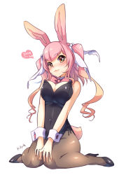 Rule 34 | 1girl, animal ears, artist name, breasts, cleavage, dated, detached collar, fake animal ears, heart, kawagoe pochi, large breasts, leotard, long hair, original, pantyhose, pink hair, playboy bunny, rabbit ears, rabbit tail, red eyes, signature, solo, tail, twintails, wrist cuffs