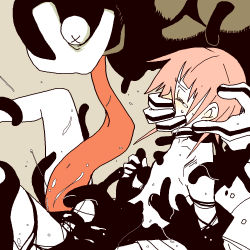 Rule 34 | 00s, androgynous, bed, black skin, blush, closed eyes, colored skin, crona (soul eater), forced, gender request, gloves, hand over mouth, leg lift, legs, muscular, on bed, pink hair, ragnarok (demon sword), restrained, short hair, soul eater, striped clothes, striped gloves, tears, tentacles, tongue, tongue out, x x