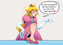 1girl blush commentary crown dress earrings elbow_gloves english_commentary english_text gloves high_heels highres jewelry mario_(series) nintendo open_mouth pink_dress pink_footwear princess_peach smile solo sparkle speech_bubble sphere_earrings super_mario_bros._1 thegreyzen white_gloves