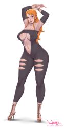 Rule 34 | 1girl, armpits, arms up, blush, bracelet, cameltoe, covered erect nipples, earrings, female focus, full body, high heels, highres, jewelry, looking at viewer, makeup, nail polish, nami (one piece), one piece, orange hair, orange nails, pearl earrings, pinkdrawz, simple background, solo, tagme, toenail polish, toenails, torn clothes, white background