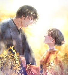 Rule 34 | 1boy, 1girl, black hair, blush, brown hair, eye contact, glasses, hair ornament, hair up, hand on another&#039;s stomach, hetero, izumi (stardustalone), japanese clothes, kimono, looking at another, original, outdoors, parted lips, profile, renri no chigiri wo kimi to shiru, short hair, sky, wide sleeves, yellow sky