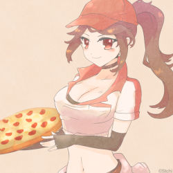 Rule 34 | 1girl, breasts, brown eyes, brown hair, choker, cleavage, clothes around waist, elbow gloves, fingerless gloves, food, gloves, hat, league of legends, long hair, pizza, pizza delivery sivir, ponytail, shirt, shirt around waist, sivir, solo