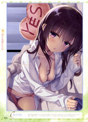 Rule 34 | 1girl, absurdres, areola slip, blush, breasts, brown hair, cleavage, dengeki moeou, dress shirt, dutch angle, gluteal fold, highres, long hair, long sleeves, looking at viewer, lying, medium breasts, muririn, navel, on side, panties, parted lips, partially unbuttoned, purple eyes, scan, shirt, sleeves past wrists, solo, thigh gap, underwear, white panties, yes-no pillow