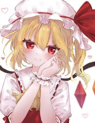 Rule 34 | 1girl, ascot, blonde hair, blush, closed mouth, commentary request, flandre scarlet, flat chest, hair between eyes, hands up, hat, heart, highres, looking at viewer, mob cap, one side up, own hands together, portrait, puffy short sleeves, puffy sleeves, purumeria 36, red eyes, red vest, short sleeves, simple background, smile, solo, straight-on, touhou, upper body, v-shaped eyebrows, vest, white background, wrist cuffs, yellow ascot