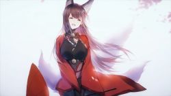 Rule 34 | 1girl, absurdres, amagi (azur lane), animal ears, azur lane, blunt bangs, breasts, brown hair, choker, closed eyes, fox ears, hair ornament, highres, japanese clothes, kimono, kitsune, kyuubi, large breasts, long hair, multiple tails, official art, oil-paper umbrella, solo, tail, thick eyebrows, third-party source, umbrella, wide sleeves