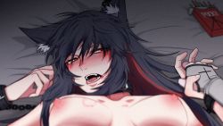 Rule 34 | 2girls, animal ear fluff, animal ears, arknights, bdsm, bed, bite mark, black hair, bondage, bound, cuffs, female focus, fingerless gloves, food, gloves, grey k411, hair between eyes, highres, holding, holding hands, lappland (arknights), long hair, looking at viewer, lying, multiple girls, nipples, on back, open mouth, pocky, texas (arknights), wolf ears, wrist cuffs, yuri
