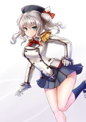 Rule 34 | 10s, 1girl, aqua eyes, bare legs, beret, black socks, blush, breasts, buttons, closed mouth, epaulettes, female focus, frilled sleeves, frills, gloves, hand on own hip, hat, kantai collection, kashima (kancolle), kerchief, large breasts, legs, long sleeves, looking at viewer, medium breasts, military, military uniform, miniskirt, pleated skirt, short hair, sidelocks, silver hair, skirt, smile, socks, solo, sumapan, tsurime, twintails, uniform, wavy hair, white gloves
