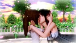 Rule 34 | 3d, age difference, artist request, black hair, blush, cellphone, child, flat chest, height difference, highres, kiss, multiple girls, onee-loli, outdoors, phone, shirt, skirt, t-shirt, tagme, twintails, upper body, yuri