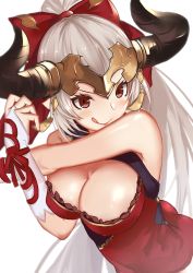 Rule 34 | 10s, 1girl, :q, aliza (granblue fantasy), blush, breasts, bridal gauntlets, cleavage, earrings, granblue fantasy, hair ribbon, headpiece, horns, jewelry, large breasts, long hair, pointy ears, ponytail, ramuda (guilty931), red eyes, ribbon, silver hair, simple background, smile, solo, tongue, tongue out, white background