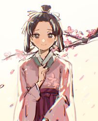 Rule 34 | 1girl, ace attorney, bangs pinned back, black eyes, black hair, blush, branch, cherry blossoms, clenched hand, closed mouth, dot nose, floral print, hair ribbon, hair rings, hakama, hakama skirt, hand up, highres, japanese clothes, kimono, long hair, long sleeves, meiji schoolgirl uniform, pink kimono, print kimono, purple hakama, purple skirt, ribbon, simple background, sketch, skirt, smile, solo, susato mikotoba, the great ace attorney, updo, upper body, white background, white ribbon, wide sleeves, xinjinjumin7559993