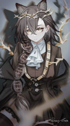 Rule 34 | 1girl, absurdres, animal ears, arknights, ascot, black dress, black hair, black thighhighs, braid, breasts, closed mouth, dress, extra ears, frilled dress, frills, grey background, hair over shoulder, highres, large breasts, long hair, long sleeves, looking at viewer, penance (arknights), rau ma (the rauma001), signature, simple background, single braid, sitting, solo, thighhighs, thorns, very long hair, white ascot, wolf ears, yellow eyes, zettai ryouiki