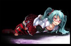 Rule 34 | 00s, 1girl, ahoge, aqua hair, arms behind back, arms up, bdsm, black border, black shirt, blush, bondage, border, bound, bound arms, breasts, collarbone, dark background, foreshortening, frilled skirt, frills, full body, glasses, hatsune miku, highres, jacket, jewelry, long hair, long sleeves, lying, miniskirt, necklace, nose blush, on stomach, open clothes, open jacket, open mouth, plaid, plaid skirt, pleated skirt, project diva (series), red-framed eyewear, red footwear, red skirt, shirt, shoes, skirt, small breasts, solo, striped clothes, striped thighhighs, thighhighs, torn clothes, torn skirt, torn thighhighs, tsukishiro saika, tsurime, twintails, v-shaped eyebrows, vocaloid, white jacket