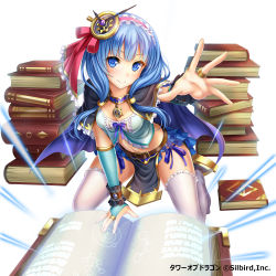 Rule 34 | 1girl, absurdres, blue eyes, blue hair, book, breasts, cleavage, hair ornament, hair ribbon, highres, kneeling, long hair, looking at viewer, magic, matching hair/eyes, medium breasts, midriff, navel, purple ribbon, red ribbon, ribbon, simple background, solo, tower of dragon, violetshit, white background, wrist cuffs