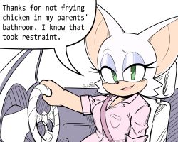 Rule 34 | 1girl, animal ears, artist name, bat ears, bat girl, breasts, cleavage, commentary, english commentary, english text, furry, furry female, green eyes, highres, limehazard, looking at viewer, medium breasts, meme, pink shirt, rouge the bat, shirt, signature, sitting, smile, solo, sonic (series), steering wheel, thanks for not saying based (meme)