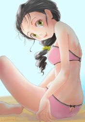 Rule 34 | 1girl, absurdres, bikini, black hair, breasts, commentary request, forehead, hair ornament, hair over shoulder, hair scrunchie, highres, kasuga rurito, lips, long hair, looking at viewer, looking back, medium breasts, original, pink bikini, scrunchie, smile, solo, swimsuit, yellow eyes