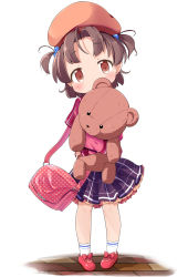 Rule 34 | 1girl, bag, blush, bow, brown hair, child, commentary request, footwear bow, hair bobbles, hair ornament, hat, head tilt, highres, long hair, makuran, hugging object, original, pigeon-toed, pink footwear, shoes, simple background, skirt, solo, stuffed animal, stuffed toy, teddy bear, two side up, white background