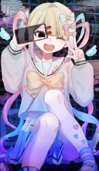 Rule 34 | 1girl, abstract background, absurdres, ame-chan (needy girl overdose), black eyes, black hair, blonde hair, blue bow, blue hair, blush, bow, cellphone, chouzetsusaikawa tenshi-chan, chu (yuzumeno), cracked screen, distortion, glitch, hair bow, hair ornament, heart, heart hair ornament, highres, holding, holding phone, knife, long hair, long sleeves, looking at viewer, medicine bottle, mini wings, multicolored hair, multiple hair bows, needy girl overdose, open mouth, phone, pill, pin, pink bow, pink hair, pleated skirt, purple bow, quad tails, sailor collar, school uniform, serafuku, skirt, smartphone, smile, teeth, upper teeth only, v, very long hair, window (computing), wings, yellow bow